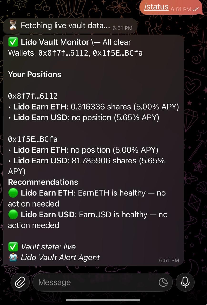 Telegram status response with Lido Earn APY, TVL, and alert details